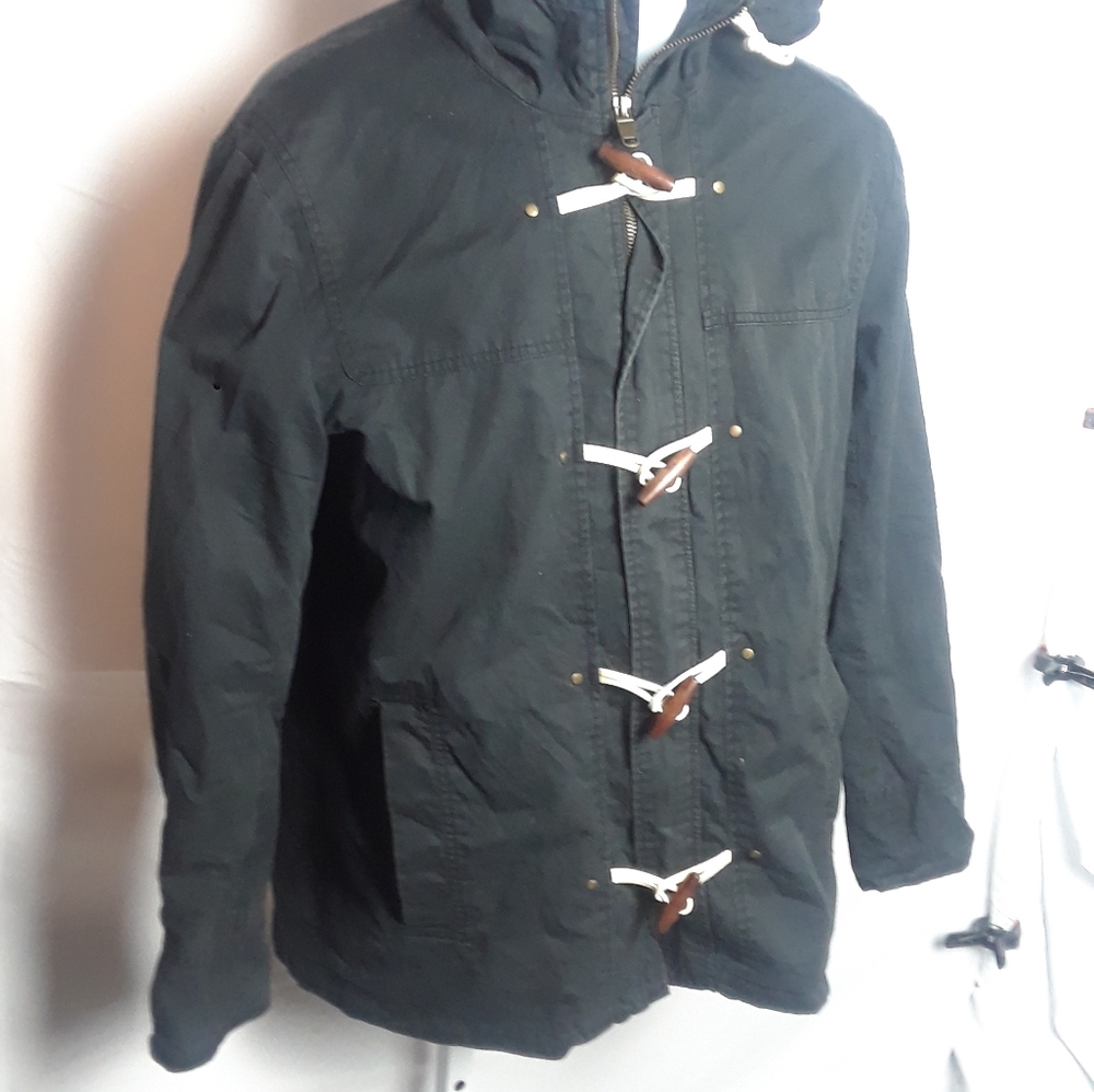 21 Men Los Angeles black hoodie long brown button string M Jacket C10.